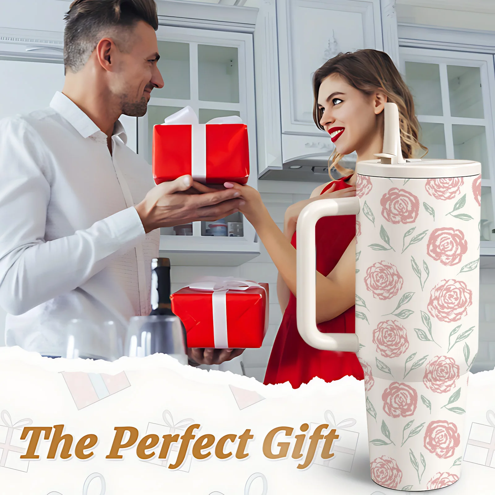 1pc Mikenda 40Oz Stainless Steel Water Cup with Handle And Straw, Vintage Rose Stamp Floral Design, Double Wall Insulated Thermal Mug, Hot 12H/Cold 24H, Easy Stylish, Mother'S Day Gift, Ideal Birthday Or Holiday Gift for Women And Friends