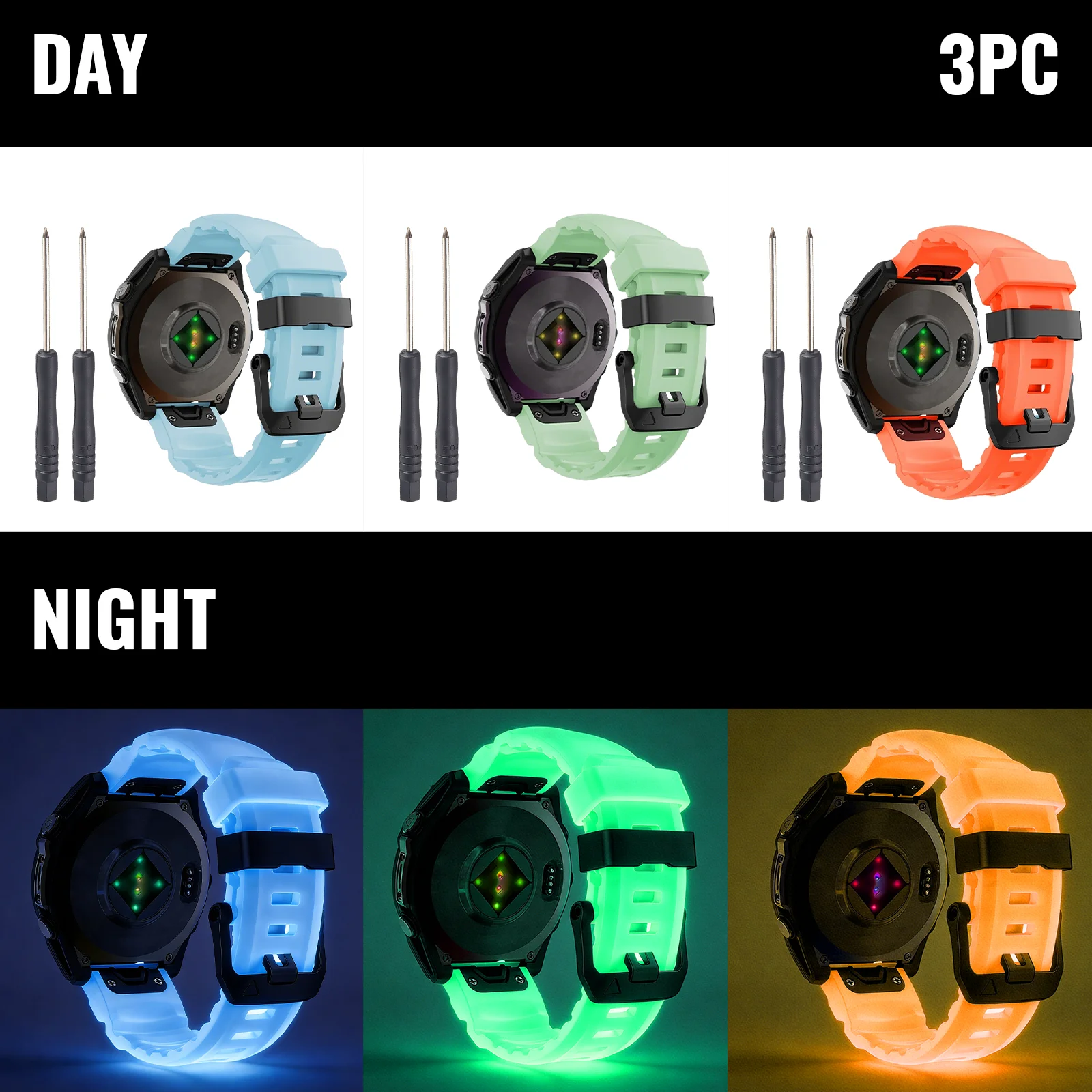 3PCS,22/26mm Luminous Watch Strap For Garmin Fenix 6/6X/7X/Fenix 8 (51/47mm), Fenix 5X/5X Plus/6X Pro Unisex Sports Band
