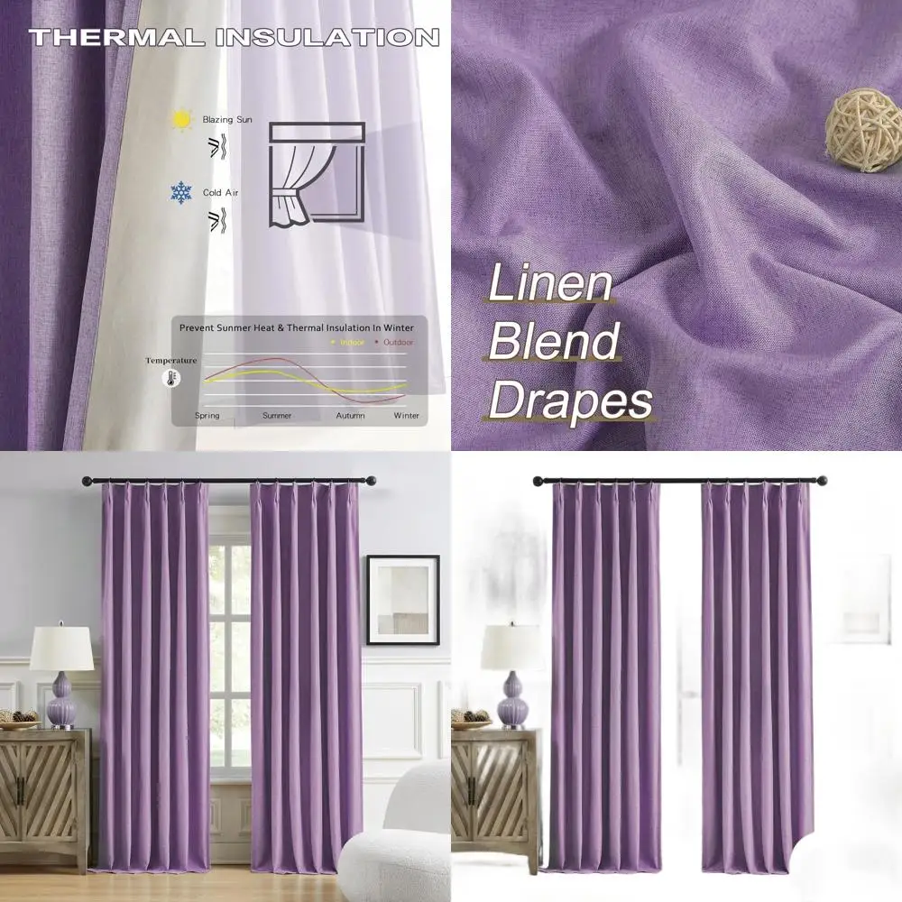 

Purple Pinch Pleated Blackout Curtains, 2 Panels, 40 Wide x 96 Long, Back Tab Hooks, Thermal Insulated for Home