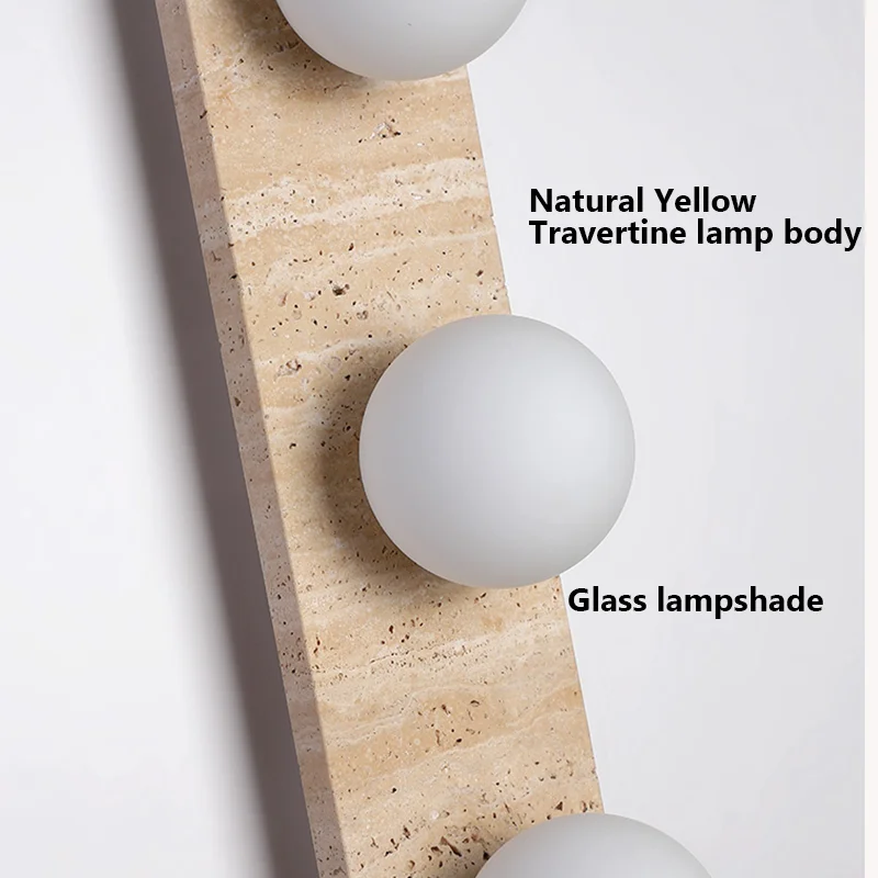 Retro Three Heads Natural Stone Art Wall Lamp Yellow Travertine LED Sconce White Glass Lampshade Atmosphere Corridor Lighting