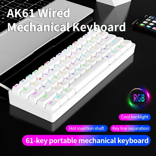 AK61 Interruptor rojo silencioso 60% Teclado mecánico intercambiable en caliente USB con cable RGB 61 teclas para juegos