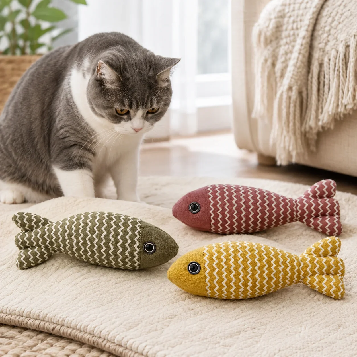 Indoor Cat Self Play Toy Linen Catnip Simulation Fish Bite Resistant Teaser Toy To Reduce Cat Anxiety Boredom