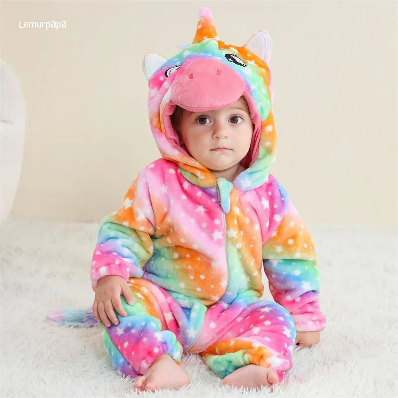 Unicorn Romper Baby Warm Jumpsuit Boy Girl Winter Outfit Halloween Rainbow Animal Suit  Funny Cute Onesie Festival Party Clothes