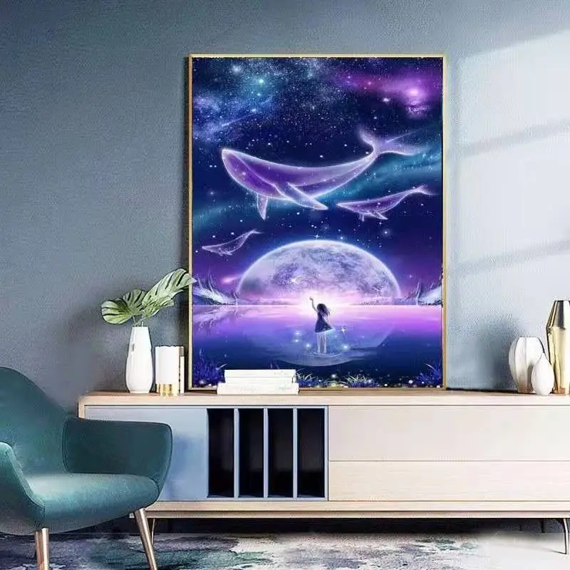 Pure handmade cross stitch finished product, beautiful starry sky cartoon, children and girls, bedroom, living room, vertical