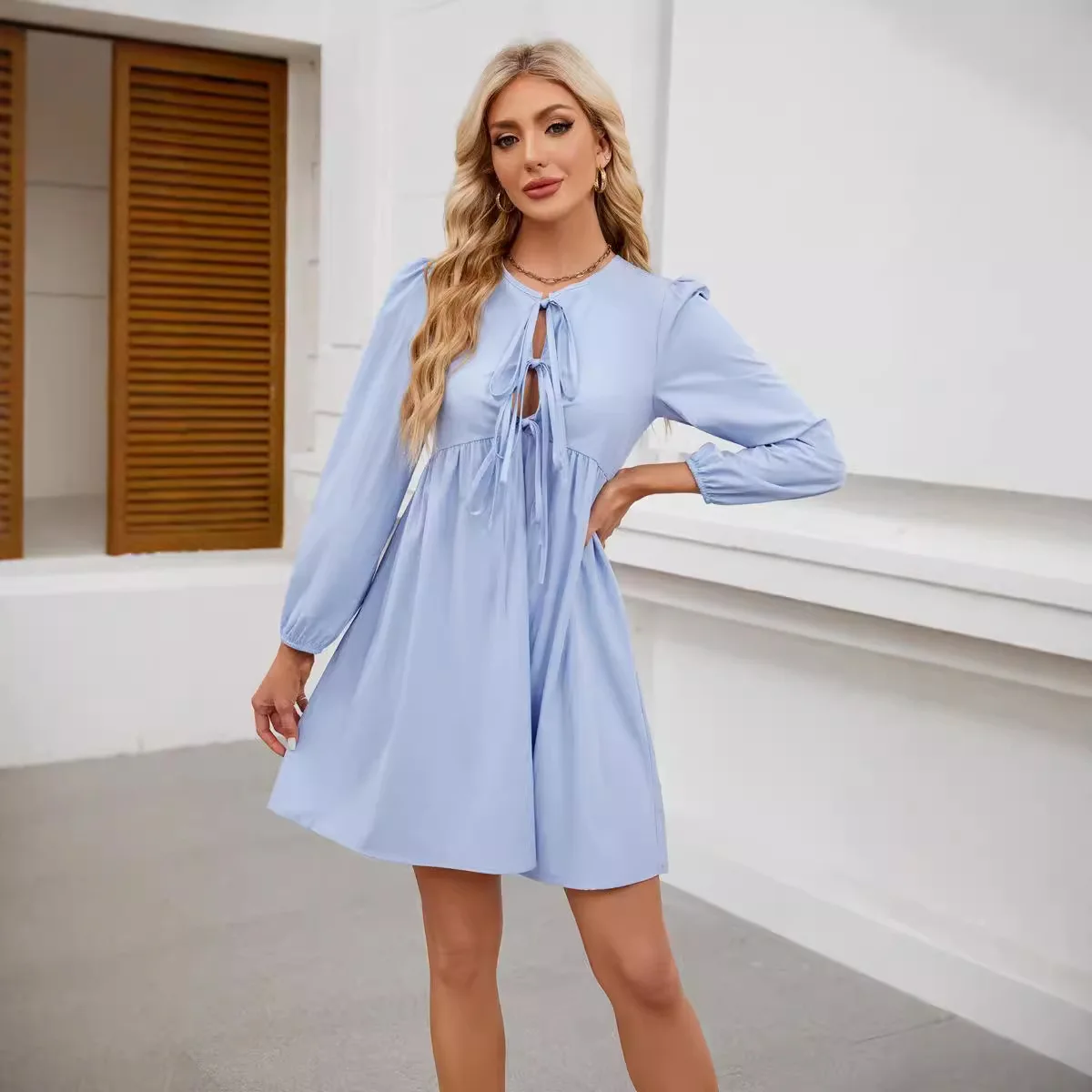 Frühling Casual Süße Hemd Kleid frauen Langarm Rundhals Lose Hoodie Kleid Strand Einfarbig Festival Bowknot Kleid