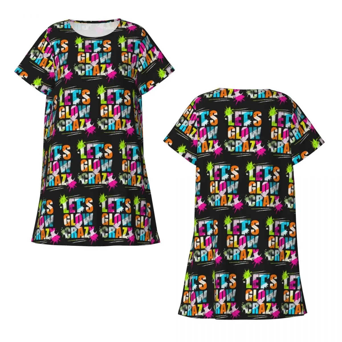 Custom Let's Glow Crazy Neon Party Light Rave Short Sleeves Nightdress For Sleeping Women Short Sleeve Nightgowns Pajama Dress