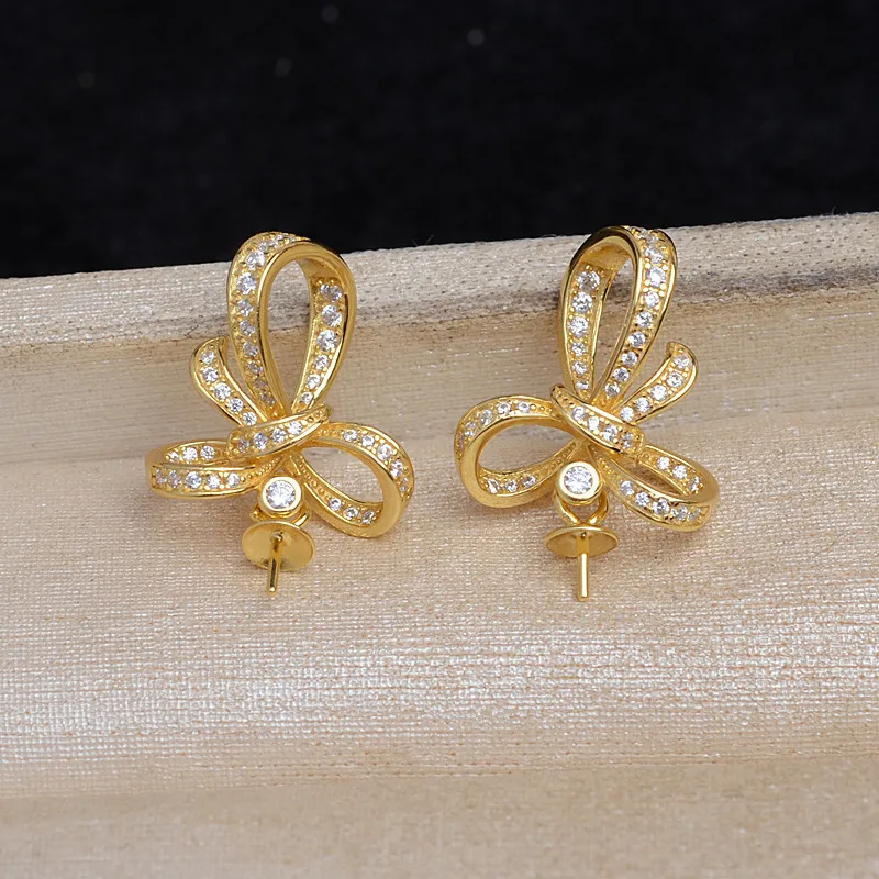 Bow Knot S925 Sterling Silver Earrings Base Findings Mountings Jewelry Mounts Fittings Accessories for 9-14mm Pearls 3 pairs/lot