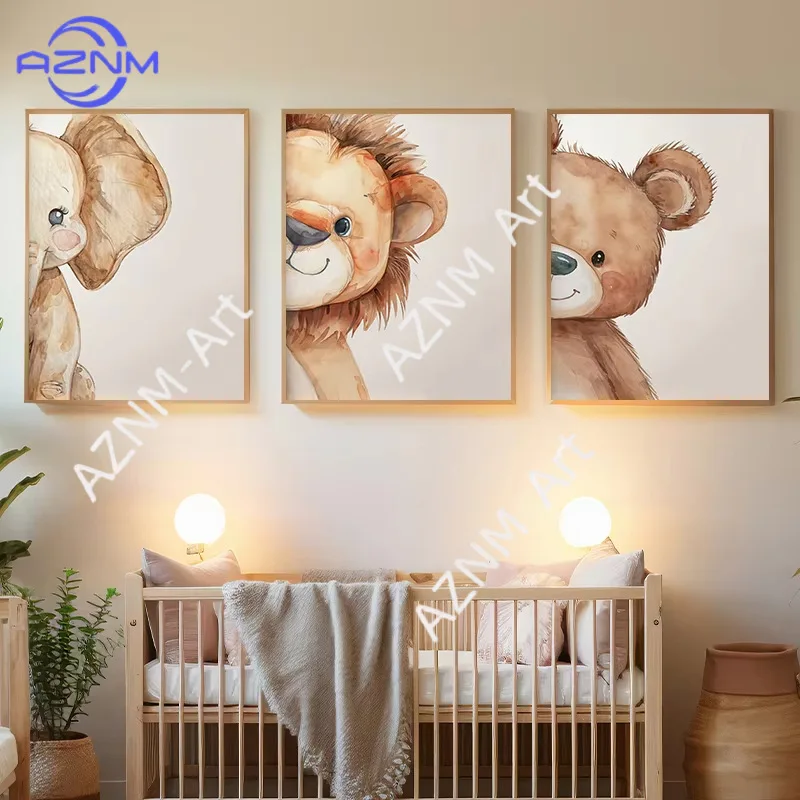 1 Stück/3 Stück Nordisches Cartoon-Tierbild (Tiger, Löwe, Elefant, Affe, Bär) für Babyzimmer und Kinderzimmer, Leinwand-Dekorationsbild ohne Rahmen