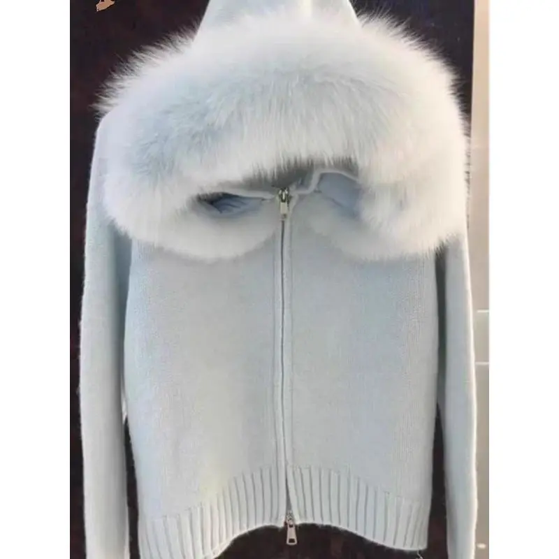 Street Knitted Fur Women's Cardigan Loose Zipper Long Sleeved Hooded Solid Knitwear Female 2025 Autumn Casual Chic Lady Outwear