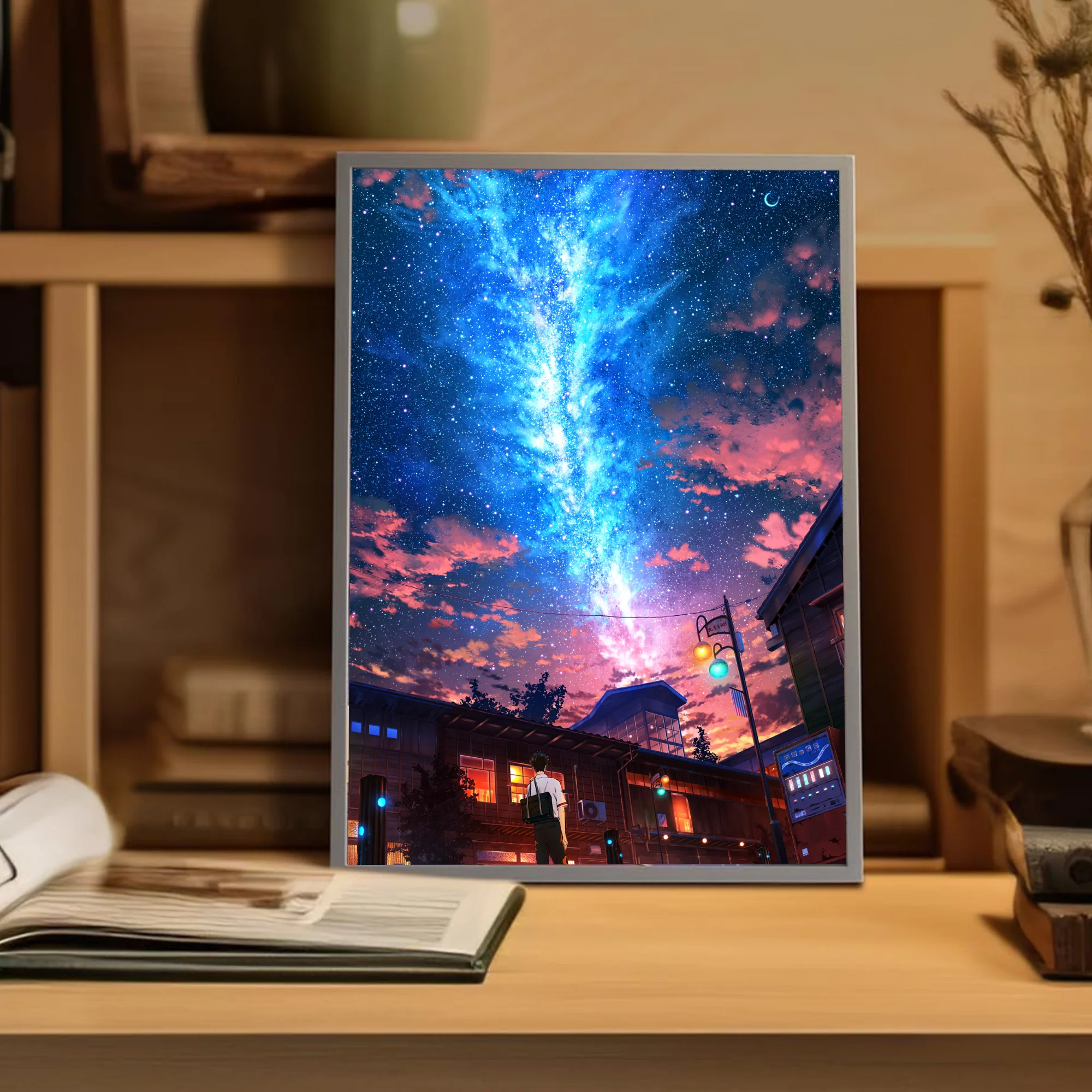 HD Anime Meteoro Pintura Atmosfera Luzes, Moldura Simples, Plug USB Dimming, Luz Noturna LED, Decoração de Casa, Mood Light Gift