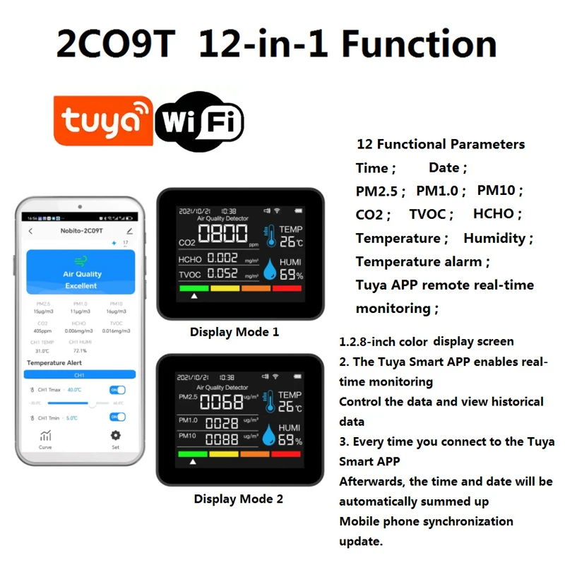 12-in-1空気質検知器-スマートwifiアプリ-co2-pm25-hcho-湿度と温度-時刻と日付表示-28インチカラーディスプレイ搭載-家庭用