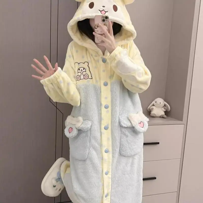 Cartoon Sanrio Marumofubiyori Pajama Set Kawaii Autumn Winter Hooded Nightgown Cute Coral Fleece Thicken Women's Home Clothing