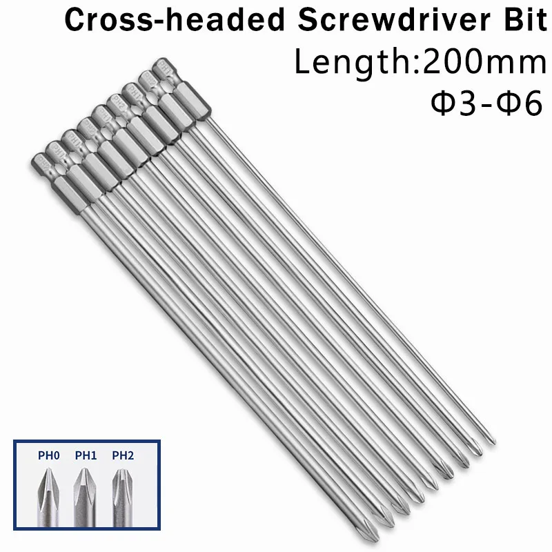 10Pcs 200mm Length Hex Shank Magnetic Phillips Cross Screwdriver Bit Electric Screwdriver Head PH1/PH2