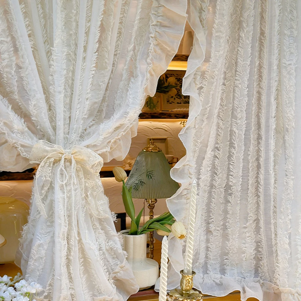 Japanese Style Fringe Curtain, French Cream Linen Cutout Drapes, Light-Filtering Privacy Protection, Minimalist Design for Livin