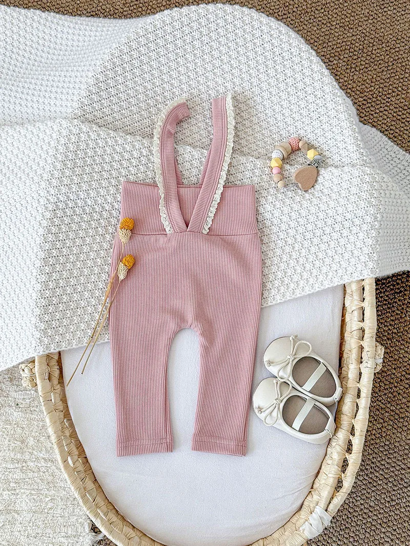 Autumn Baby Overalls Solid Color Lace Knit High Waisted Jumpsuit Adjustable Straps Soft Toddler Romper for 6-36M