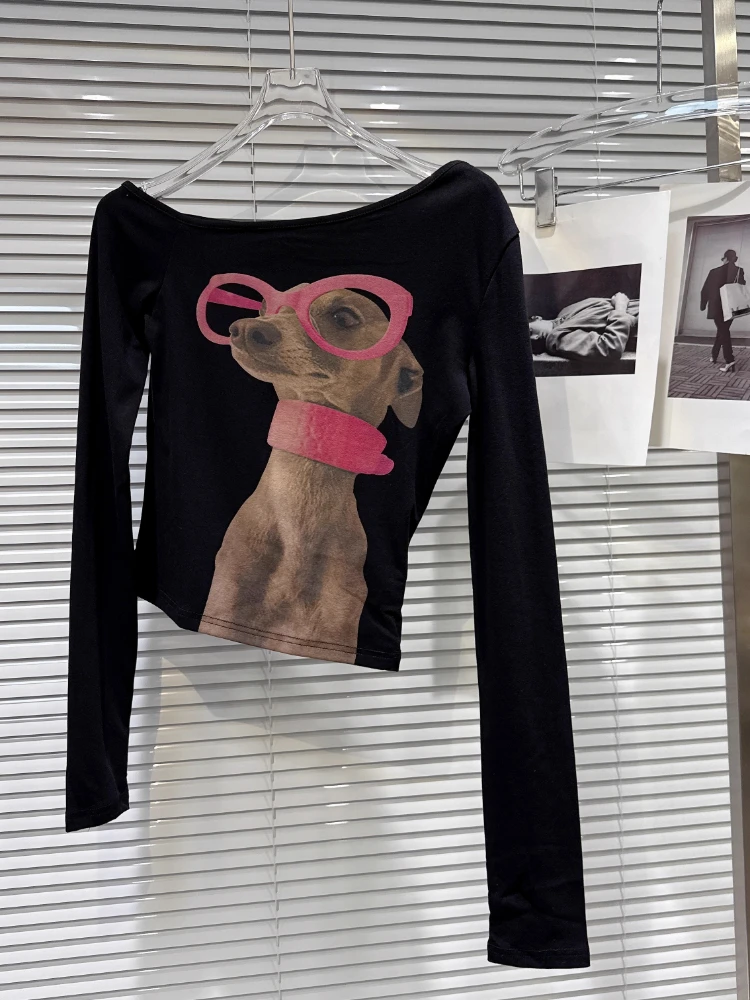2025 nova camisa básica malha dos desenhos animados impressão cão topo feminino gótico punk camiseta e menina magro manga longa camisetas streetwear cyber y2k topos