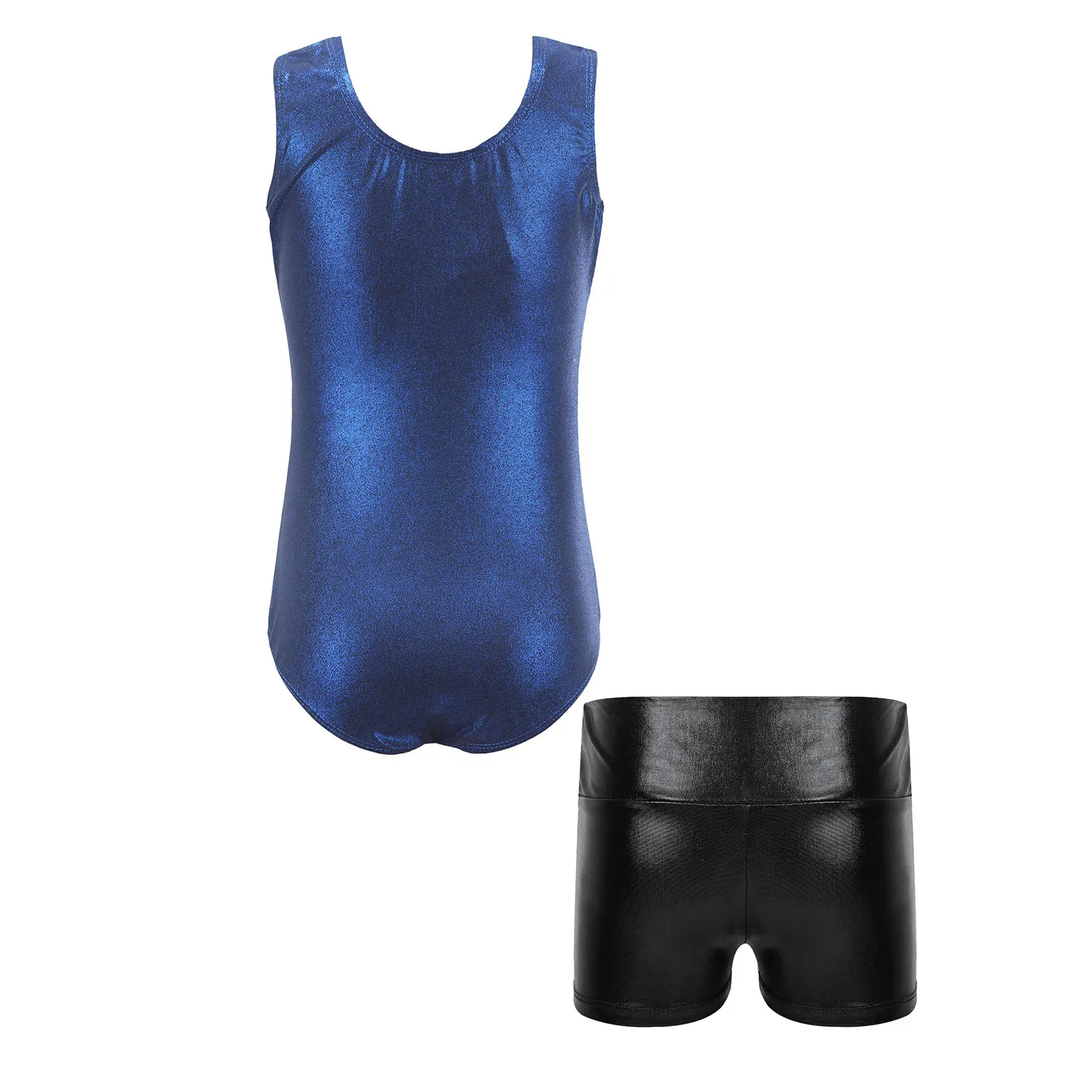 Kids Girls Dance Set Metallic Sleeveless Round Neck Rhinestones Leotard with High Waist Shorts Gymnastics Performance Costumes