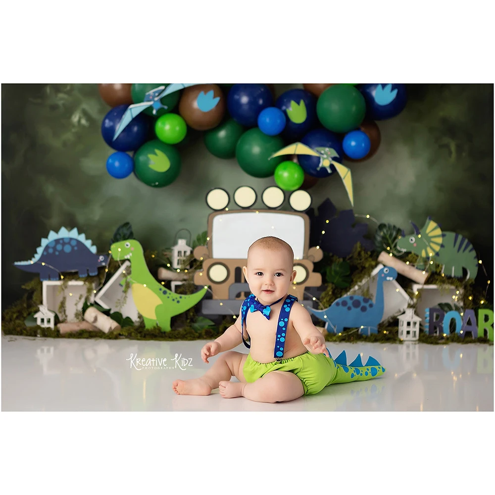 Fondo fotográfico de dinosaurio prehistórico para niños, accesorios de estudio fotográfico de jungla, cumpleaños, pastel, Smash, Globo Verde