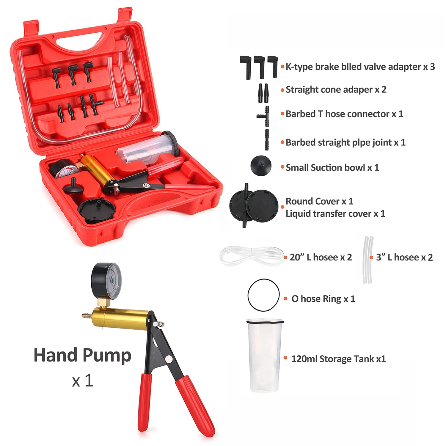 2 in 1 Brake Bleeder Kit Hand held Vacuum Pump Test Set for Automotive with Protected Case,One-Man Brake Clutch Bleeding System