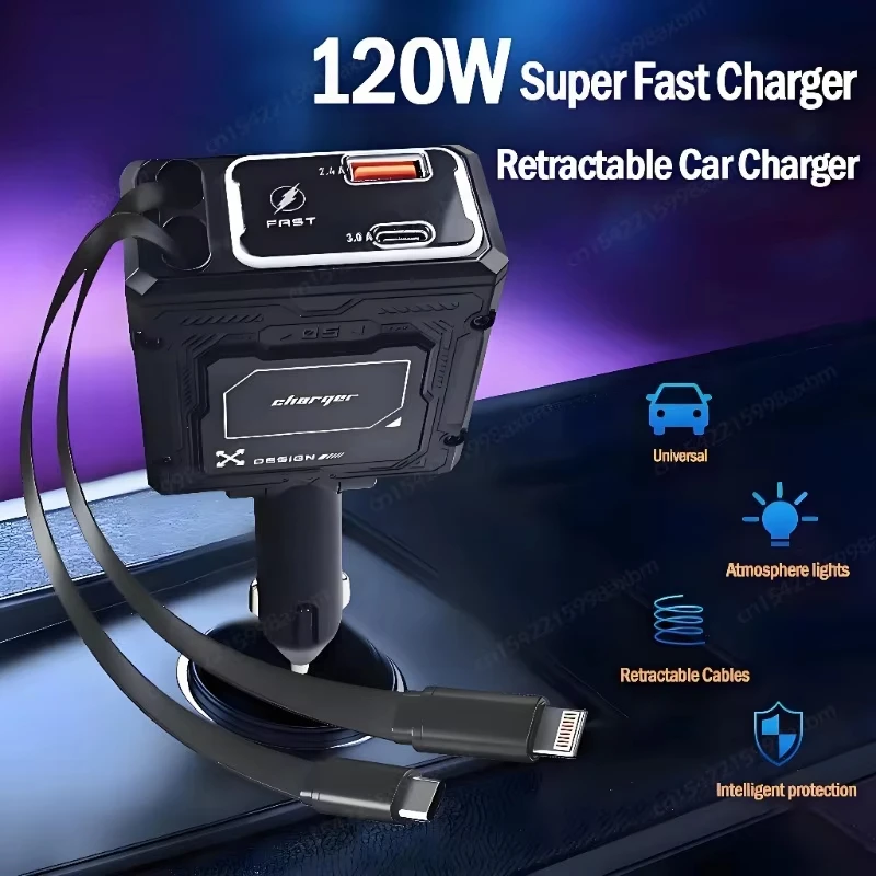 

Выдвижное автомобильное зарядное устройство 120 Вт 4 в 1, порты USB Type-C для iPhone Samsung, шнур быстрой зарядки, адаптер прикуривателя, новое поступление