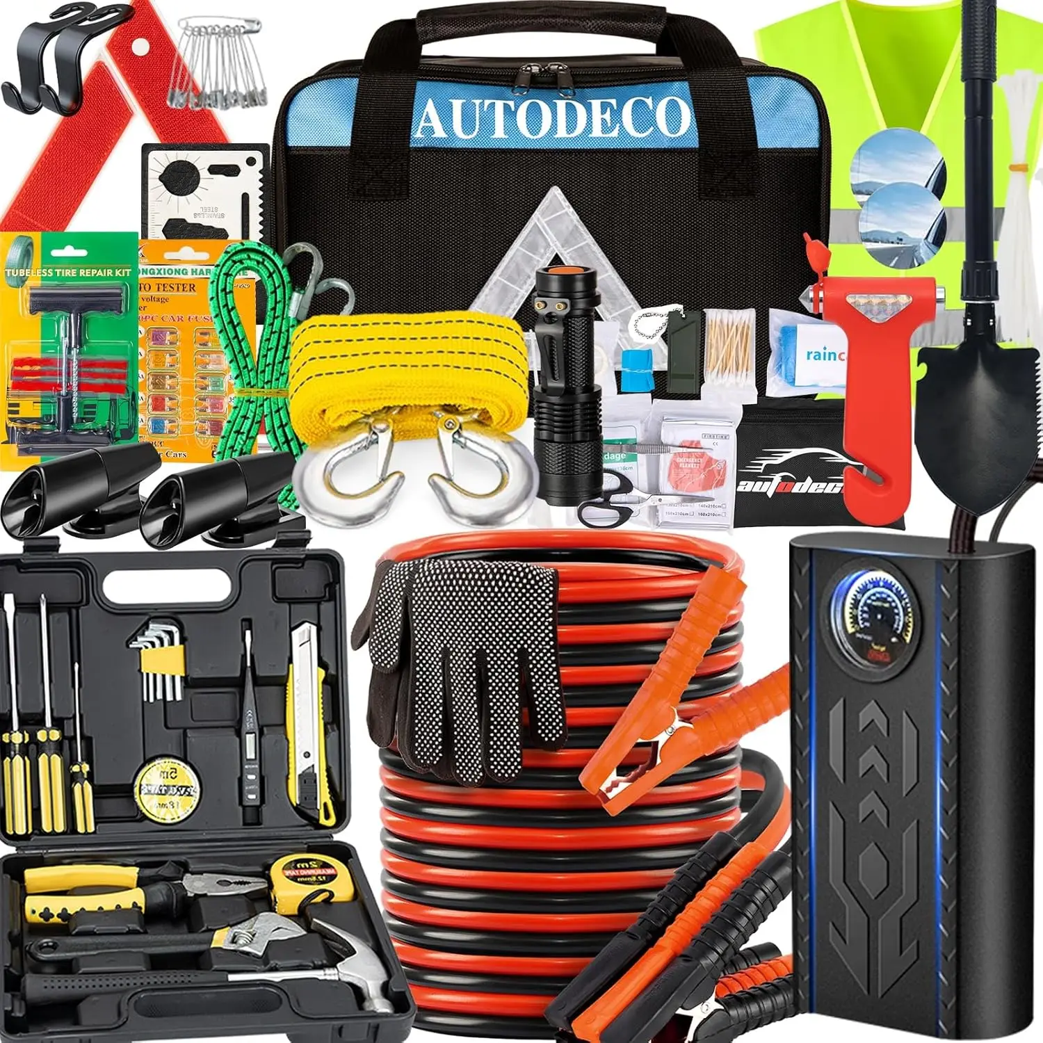 

105 PCS Roadside Car Emergency Assistance Kit with Portable Air Compressor Jumper Cables