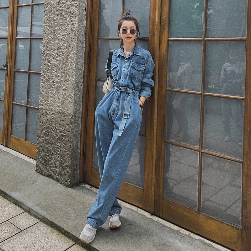 High Waist Cargo Pats Long Sleeve Wide-leg Jumpsuit New Female Korean Y2k Cool Jumpsuit 2023 Spring Fall Women Denim Jumpsuit