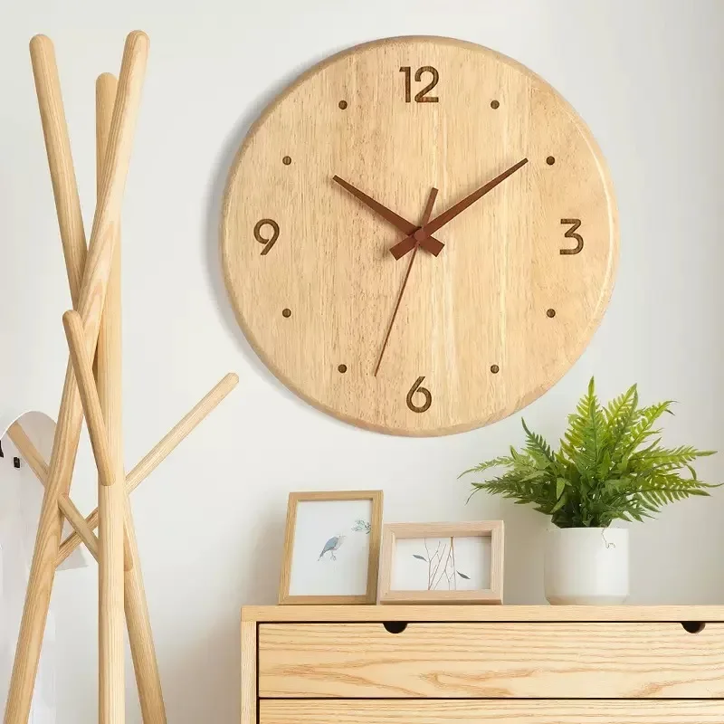 Japanese Style Wooden Simple Wall Clock Log Rubber Wood Clock Living Room Fine Sound Clock Home Decoration