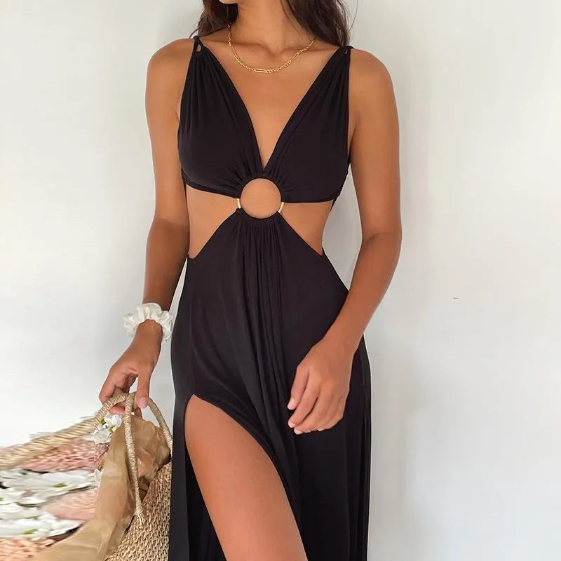 

Deep V-neck Hollow Sexy Suspender Double Split Halter Dress Vacation Style Seaside Temperament Skirt Women