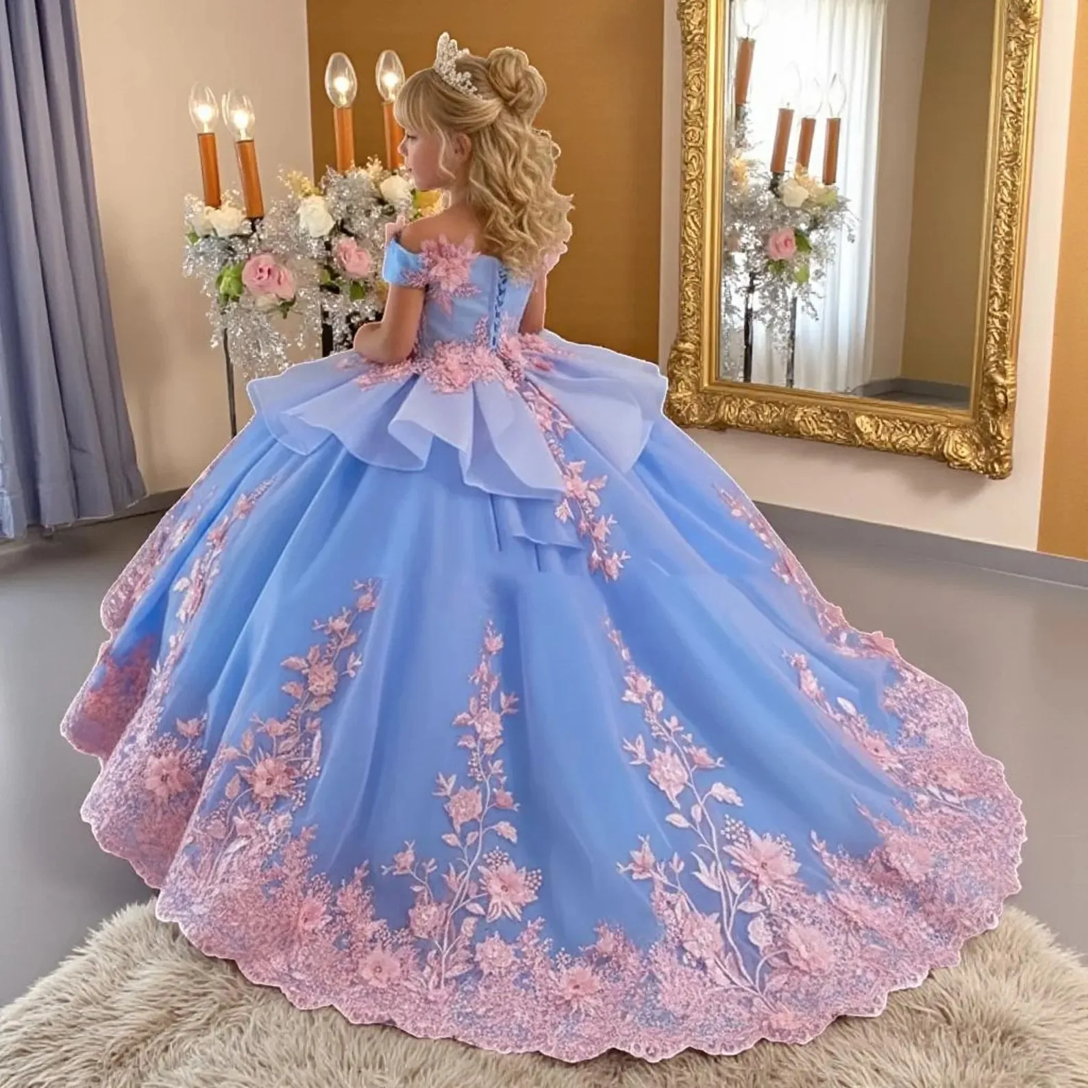 Gestuftes Blumenmädchenkleid aus Tüll für Hochzeiten, schulterfreies Ballkleid mit Applikationen, Geburtstagskleid 2026, Erstkommunionkleid nach Maß – Detail 5