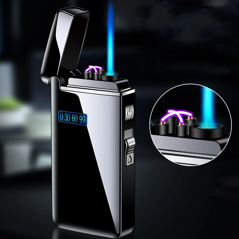 New Tiktok Metal Windproof Electric USB Lighter Torch Turbo Dual Arc LED Plasma Lighter Gas Chargeable Butane Pipe Cigar Lighter