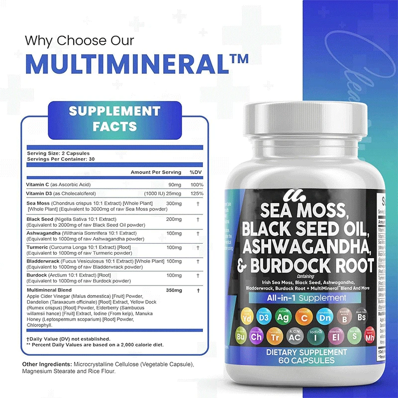 Sea Moss 3000mg Black Seed Oil 2000mg Ashwagandha Turmeric Bladderwrack 1000mg Burdock 1000mg & Vitamin C