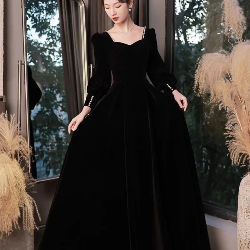 Black long sleeve banquet temperament light luxury small host arts exam coming-of-age dress