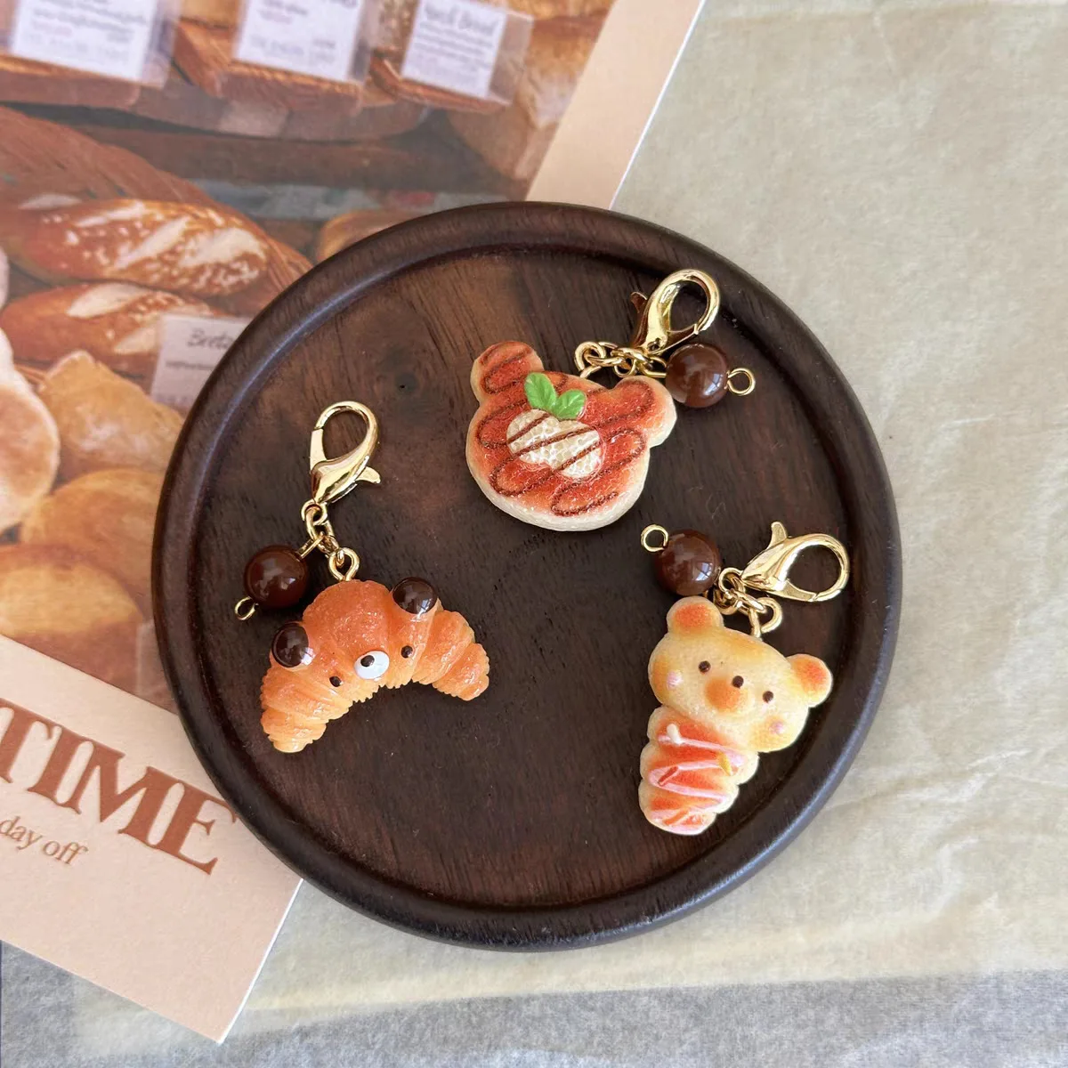 Cute Bear Croissant Cake Bread Keychain Phone Bag Charms CCD Hanging Pendant Keyring Headphone Case Key Chain Jewelry Accessorie