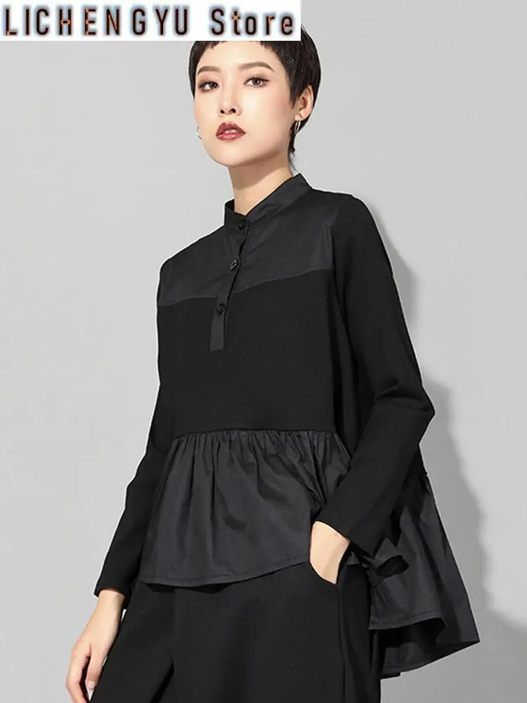 New Spring Autumn Stand Collar Long Sleeve Black Loose Hem Pleated Stitch Irregular T-shirt Women Fashion Tide