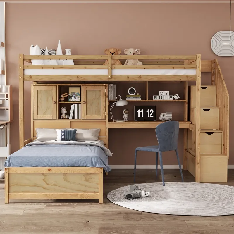 Solid Wood Bunk Bed with Desk and Storage Stairs Multifunctional Loft Bed Frame for Kids Room Natural Finish