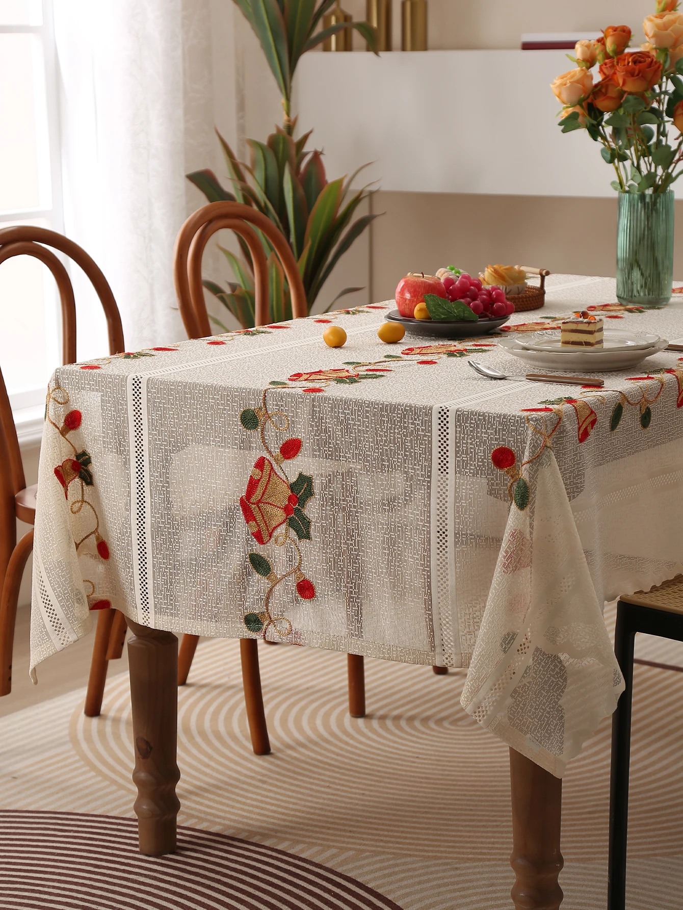 Beige Lace Tablecloth Beige Red Lucky Bells Washable Table Cover for Party Wedding Picnic Dinner Decor