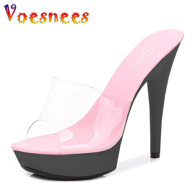 Stripper Heels Slipper female SANDAL WOMAN Summer PVC Slides Waterproof 13cm Thick Bottomed Nightclub Sexy High-heeled  Platform