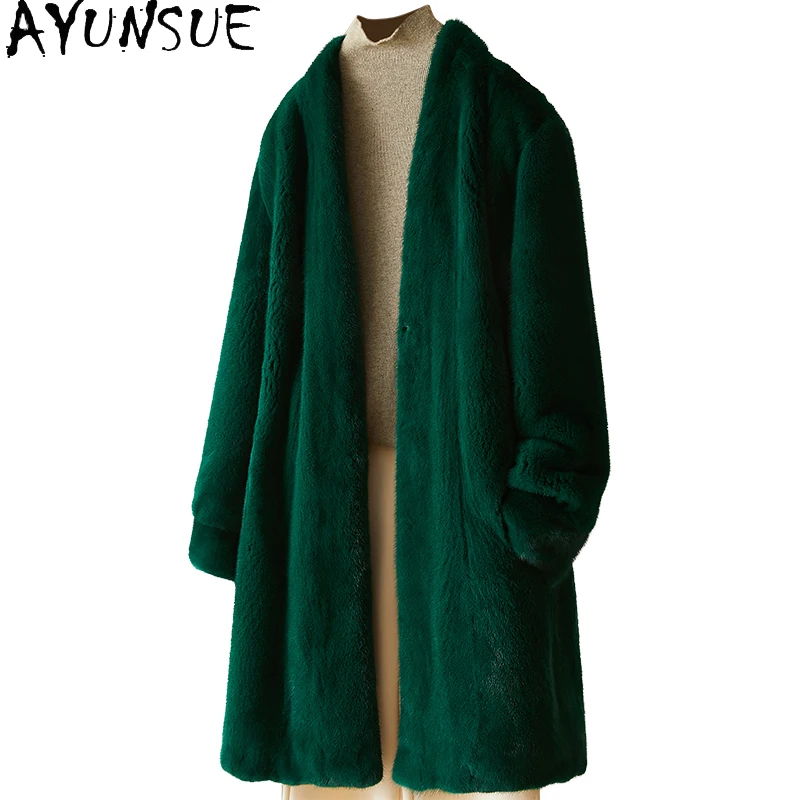 AYUNSUE 2025 ฤดูใบไม้ร่วงฤดูหนาวธรรมชาติขนมิงค์เสื้อขนสัตว์ผู้หญิงความยาวกลาง V คอทั้งขนมิงค์เสื้อขนสัตว์จริงเสื้อผ้าผู้หญิง Шуба Женская