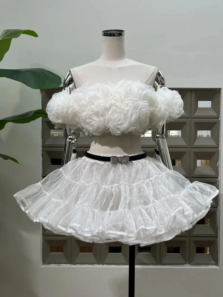 

New Arrival 2025 Sexy Top Skirt Two Pieces Sets Women Sexy Flower Organza Party Club Celebrate Design White Birthday Outfit