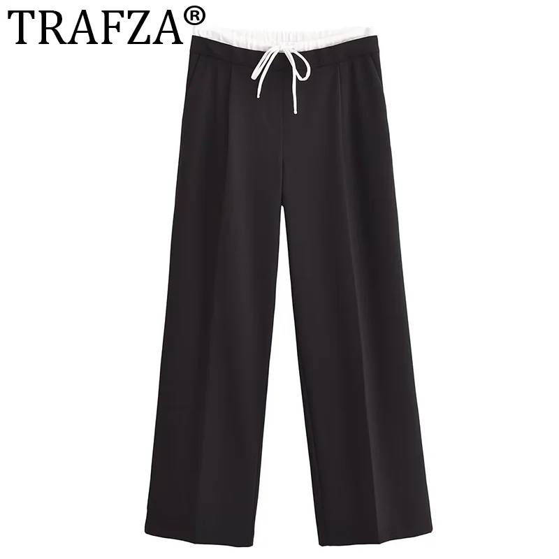 

TRAFZA 2024 Women Casual Pant Waist Patchwork Wide Leg Pants Loose High Waist Splice Design Trousers Spring Woman Chic Pants