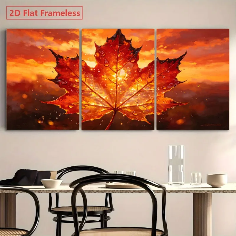 2D Flat, 2D Flat 3pcs 2D Flat Unframed Canvas Wall Art: Vibrant Autumn Maple Leaf Against Sunset Sky, Modern Home Decor for L