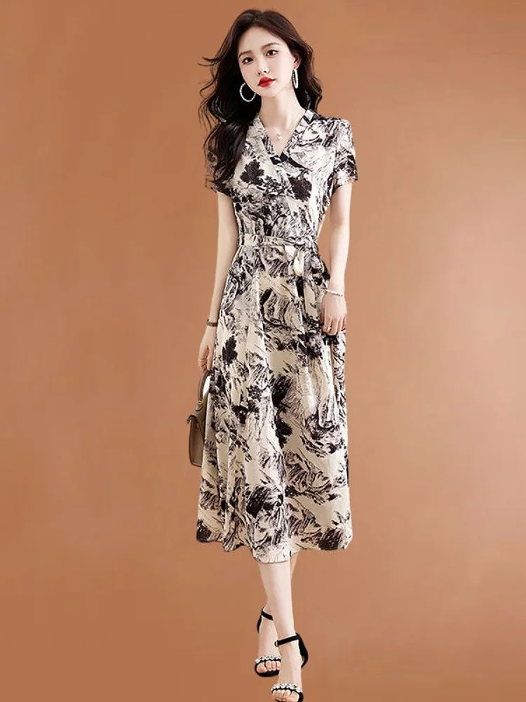 التخسيس الأزهار طباعة ميدي الدكتور التهوية Faionable الخصر مقصوص الصيف وصول جديد الكورية Sle V-ne ألف خط الدكتور