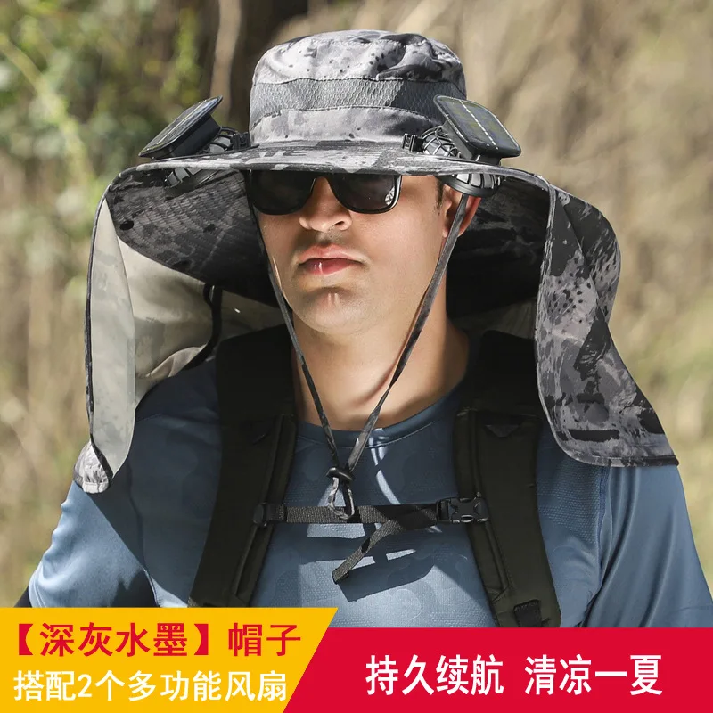 Big shawl neck protection hat high wind power rechargeable solar dual fan hat large brim sunshade hat big head outdoor sunshade