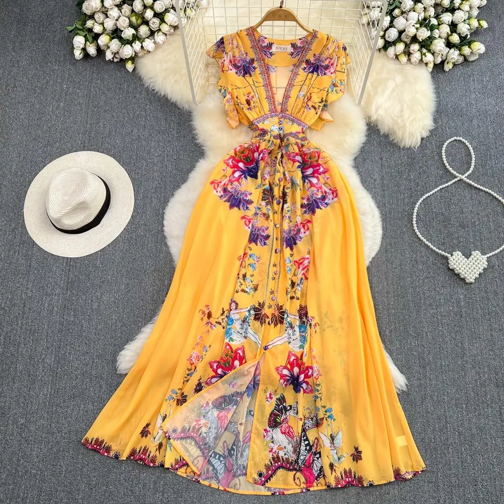 Robe Maxi en mousseline de soie jaune style bohème, col en v, manches volantes, simple boutonnage, imprimé floral, vêtements de vacances, N1969