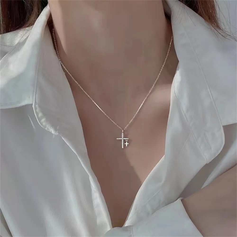 Vintage Doppelkreuz-Anhänger Halskette, Modische Zirkon-Kristall-Acryl-Kreuz-Halskette für Damen, Elegante Party-Schmuckkette als Geschenk – Detail 3