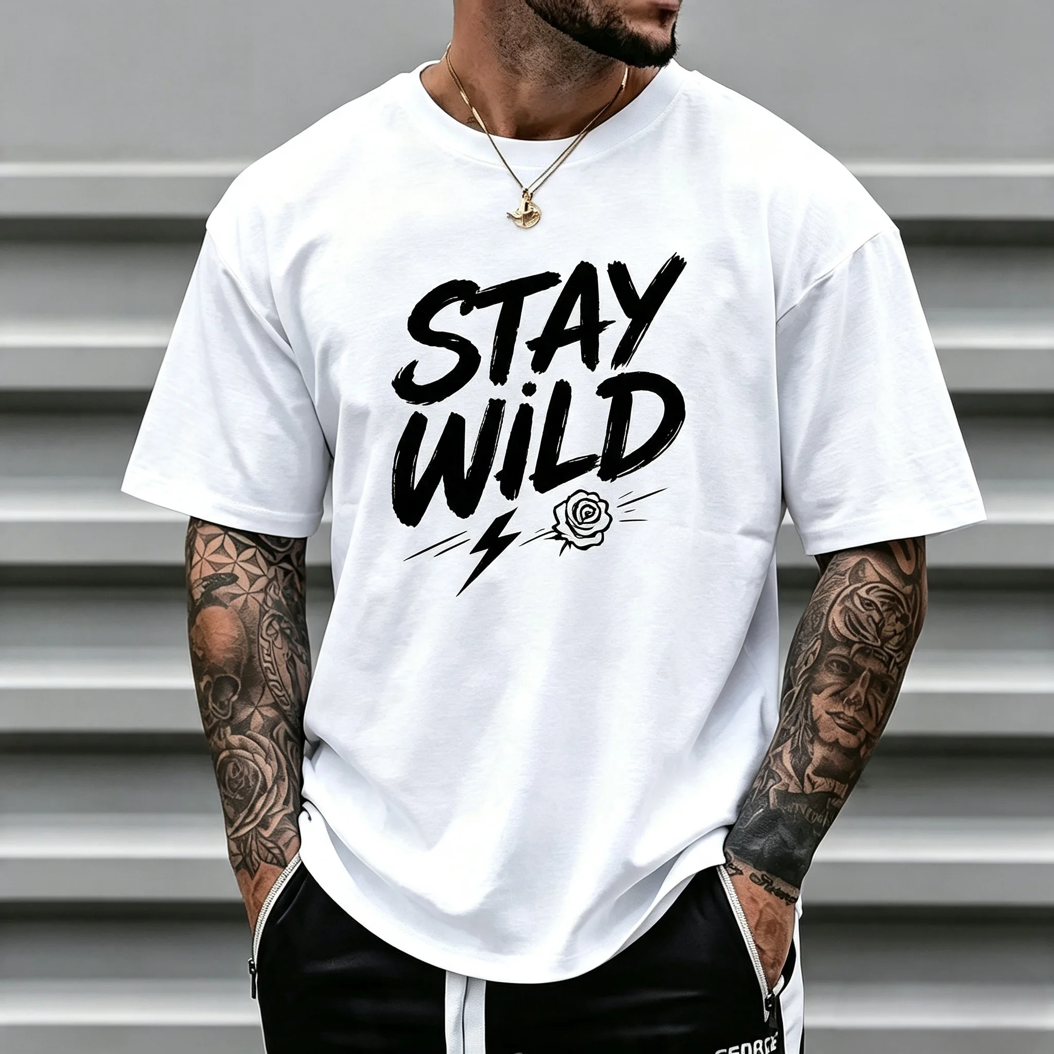 Unisex Stay Wild Rose Lightning Graphic T Shirt Men Women Brush Letter Print Oversized Crew Neck Short Sleeve Casual Streetwear Cotton Top