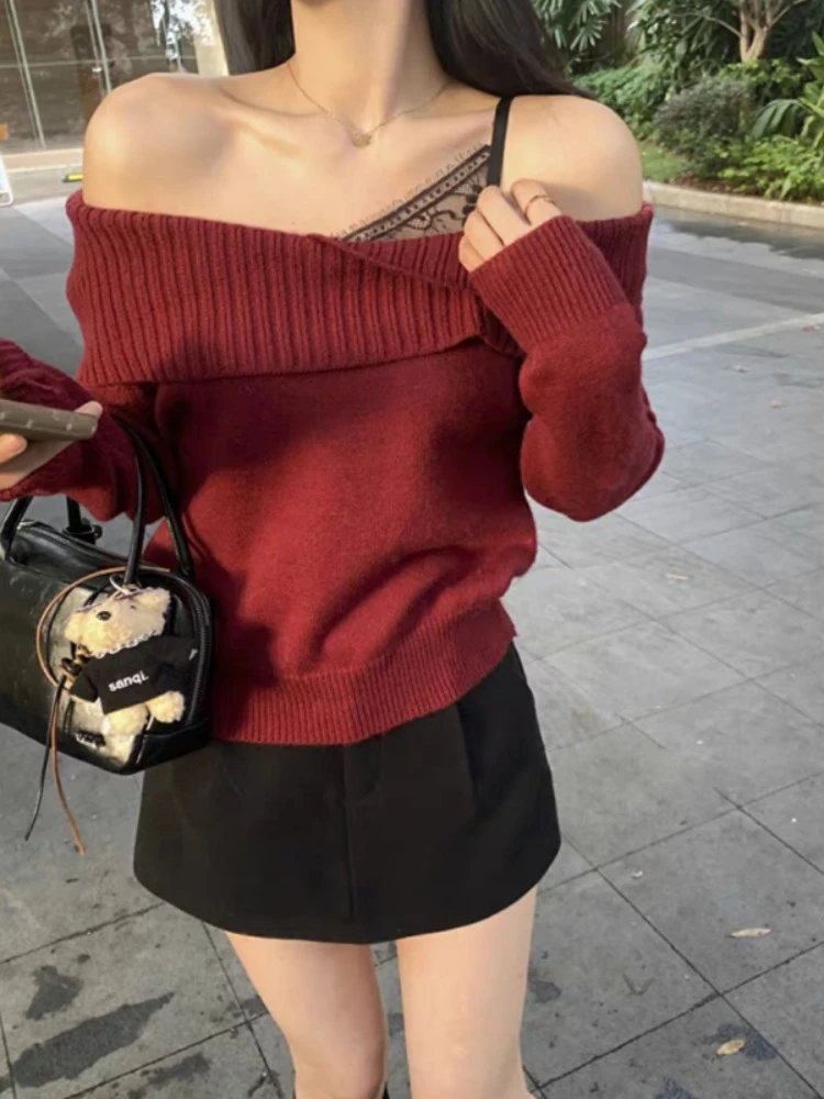 مثير الدانتيل oulder واحد بكتف واحد محبوك سترة المرأة Faionable الخريف أعلى تصميم الإحساس فريد ulari ملابس علوية #1