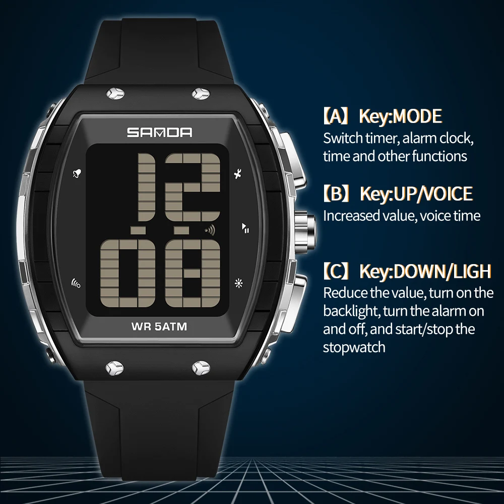 SANDA Hot Electronic Watches Multifunctional Voice Timekeeping Watches Waterproof Big-Screen Watches for Elderly