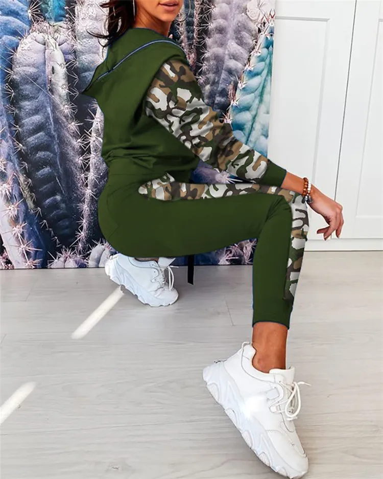 Women Casual Two Piece Set Female Patchwork Zipper Design Camouflage Printed Hooded Hoodies & Pants Set Outfits Sweatsuit