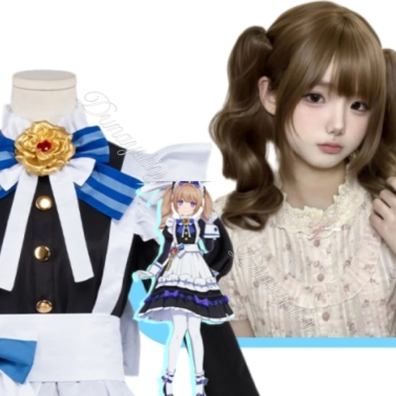 genshin-impact-qianxing-qiyu-maid-cosplay-costume-lolita-dress-full-set-brown-curly-pigtail-roman-cosplay-wig-daily-party-costum
